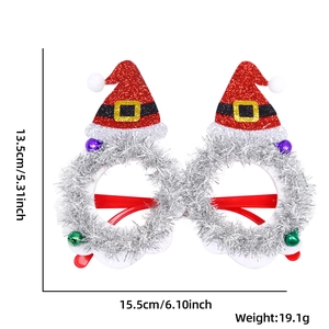 Christmas party glasses with silver tinsel frames and red sequin hat, 15.5x13.5cm size