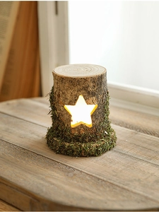 Close-up of wooden stump lamp with star cutout, faux moss, and warm LED lighting effect