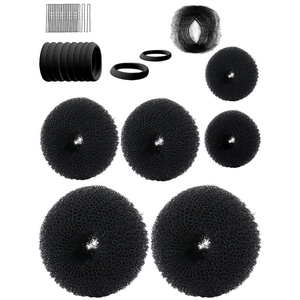 Detail view of black hair styling kit with sponge bun makers hair nets and U-shaped pins