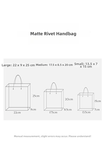 Size chart showing dimensions for large, medium, and small frosted gift bags with handles