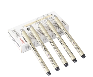 Detail view of five professional fineliners with various tip sizes and archival ink