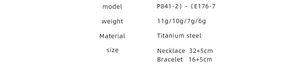 Detailed technical specs for titanium steel necklace and bracelet set featuring size and weight