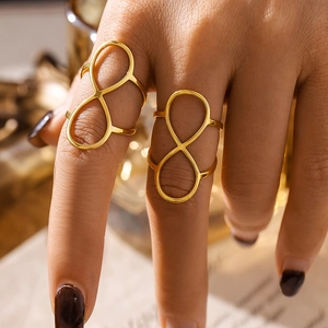 Minimalist gold PVD plated infinity shape open ring for women on female hand