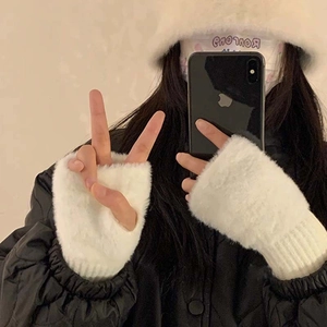 Winter set with white faux fur fingerless gloves and plush hat for women