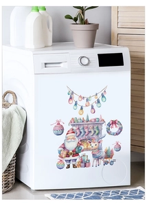 Pink Santa and reindeer Christmas decals applied to a white washing machine for home decor