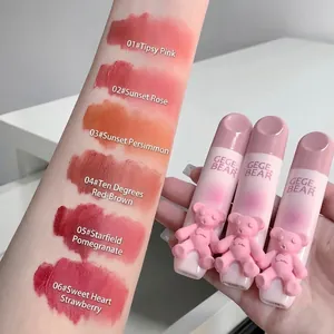 Gege Bear matte velvet lip glaze kit with 6 arm swatches from pink to red brown