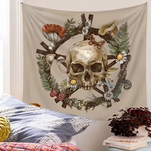 Bohemian witchcraft tapestry with skull and mushroom motifs for room wall decor