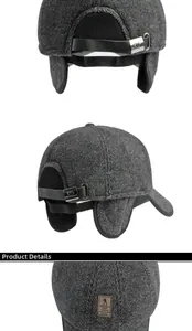 Detailed view of the dark grey herringbone winter hat with warm ear flaps and buckle