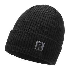 Black ribbed knit winter beanie for men with embroidered R patch and cuffed hem