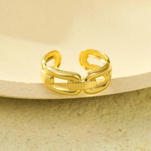 Detail of 18K gold plated titanium chain link ring with polished finish and open design