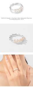 Detail of adjustable S925 silver ring with five pearls and textured crumpled band