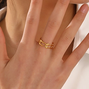 Minimalist 18K gold plated stainless steel chain link ring worn by a model