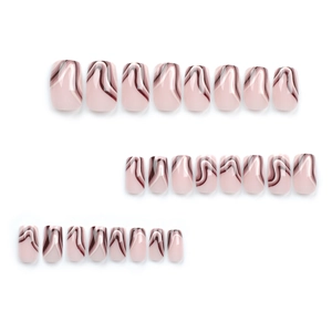 French style square almond press-on nails with brown wavy lines and nude base