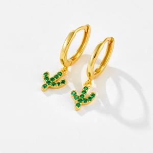 Elegant gold-plated S925 sterling silver cactus drop earrings with green zircon stones