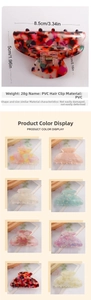 Detail view of PVC hair claw clips in eight colors with marble patterns and dimensions
