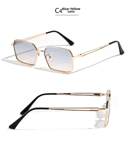 Detail of square gold metal sunglasses with blue-yellow gradient lenses and side textures