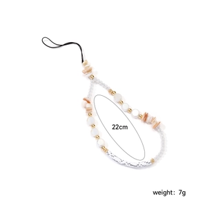 Detail of 22cm handmade colorful beaded phone strap with shells and imitation pearls