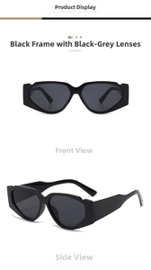 Detail view of bold geometric black sunglasses with wide temples and dark grey lenses
