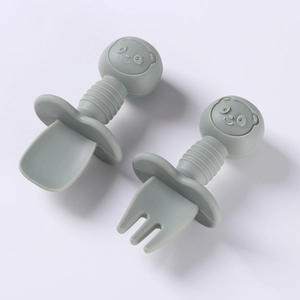 Grey silicone baby feeding set with panda wood handle spoons and anti-choke guard