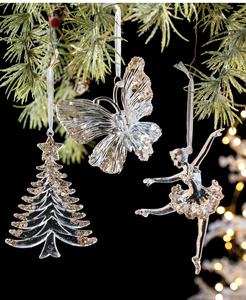 Sparkling clear acrylic Christmas ornaments with gold sequins and ballet dancer details