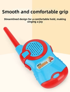 Detail showing red and blue kids walkie talkie with cartoon pilot and round buttons