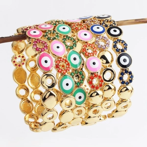 Gold evil eye open bangles with colorful enamel flowers and pavé cubic zirconia