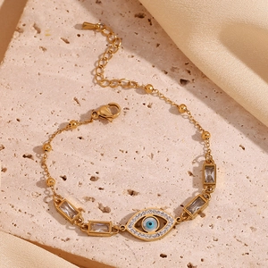 18K gold plated stainless steel bracelet with rectangular zircon and evil eye charm