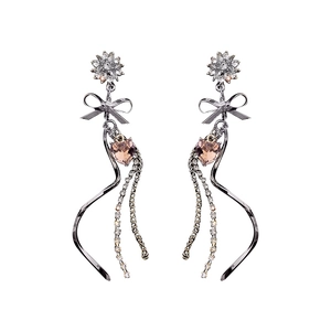 Elegant long tassel earrings with silver bow, pink heart crystal and flower accents