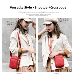Red crossbody nylon bag shown in single shoulder and crossbody styles with adjustable strap