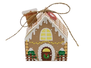 Detail of gingerbread house advent calendar box with number 9 and decorative twine knot