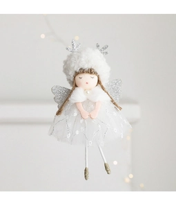 Close-up of white plush Christmas angel with silver antlers and shimmering mesh skirt detail