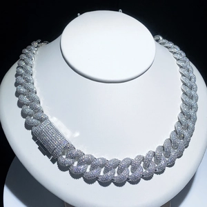 15mm silver Cuban link chain necklace with full crystal pavé on white neck bust