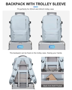 Vista detallada de mochila de viaje con cinta para maleta y bolsillo antirrobo.