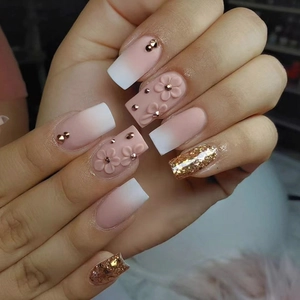 Press On Nails French Ombre 3D Flower Rhinestone Gold Glitter Long Square Shape Full Cover Fake Nails