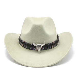 Macro detail of western cowboy hat with ethnic woven band and silver bull skull ornament