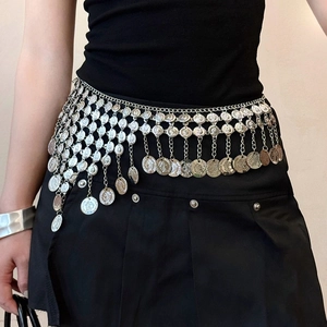 Chaîne de taille argentée multi-rangs avec médailles vintage et glands pour femmes