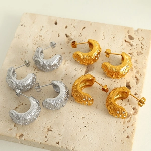 Retro C-shape gold and silver star moon hoop earrings with crystal texture on stone base