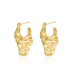S925 sterling silver earrings with golden irregular wave texture and fluid mirror finish