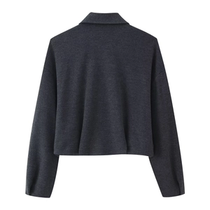 Dunkelgraue Kurzjacke mit langen Ärmeln und Revers, flache Rückansicht auf weißem Grund