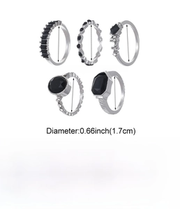 Detailed specs for 5-piece silver-tone ring set featuring black rhinestones and zinc alloy