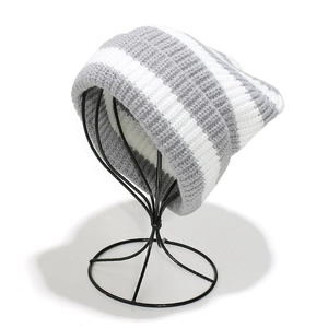 Detail of grey and white striped knit beanie showing thick texture and warm fleece lining