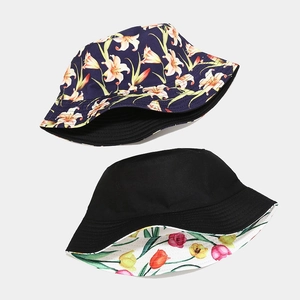 Detail of reversible bucket hat with floral prints and solid black cotton canvas