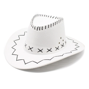 Detail of white western cowboy hat with black decorative stitching and metal eyelets