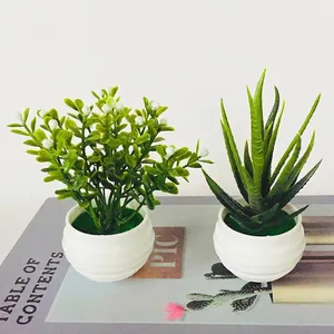 Set of 2 artificial potted plants with aloe and small leaf shrubs in white ceramic pots