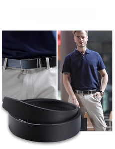 Detailed views of premium black cowhide leather belt featuring a silver automatic buckle