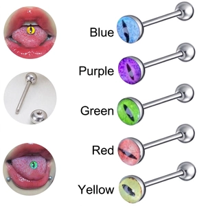 Stainless steel tongue ring set with colorful cat eye pupil patterns in five vibrant colors