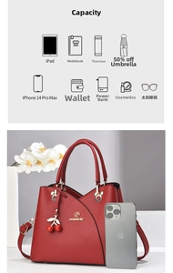 Red pebbled leather handbag detail showing large capacity compared to a smartphone