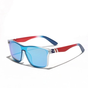 Square shield sunglasses with blue mirrored lenses and American flag pattern temples