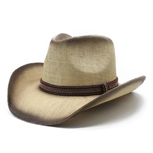 Ethnic straw western cowboy hat with vintage gradient brim and colorful woven band