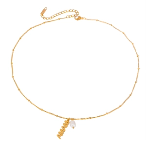 18k gold plated stainless steel necklace featuring MAMA letter and freshwater pearl pendants